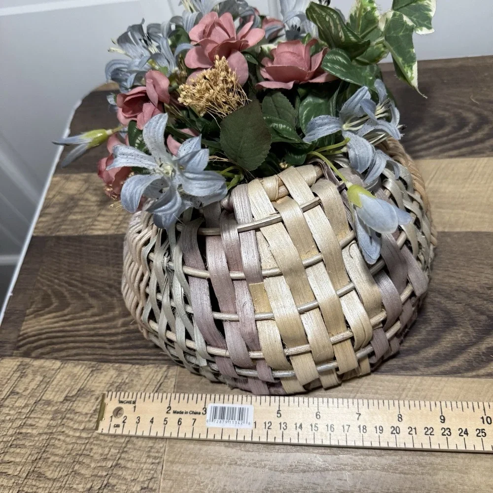 Vintage Pastel Basket Wall Pocket w/ Faux Flowers Pinks/blue Farmhouse Cottage